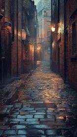 Rain slicked brick alley glows under misty lamplight at dusk