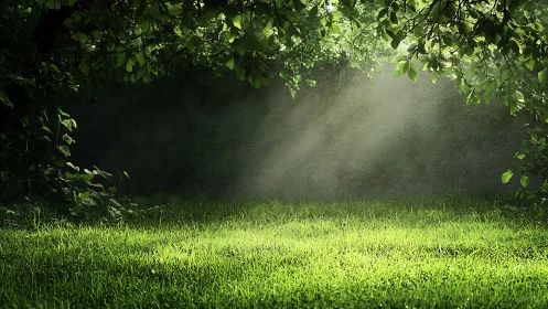Photorealistic woodland glade with dappled sunlight composition.