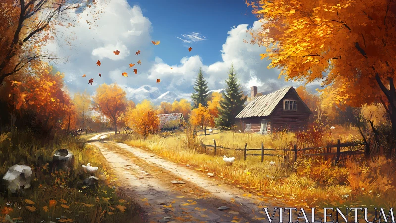 Rural dirt road and wooden cottage in bright autumn landscape.