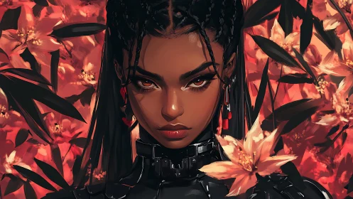 Fierce cyberpunk woman confronts viewer amid burning lilies