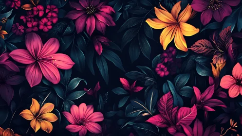 Neon Floral Composition: Digital Illustration with Luminescent Botanical Elements.