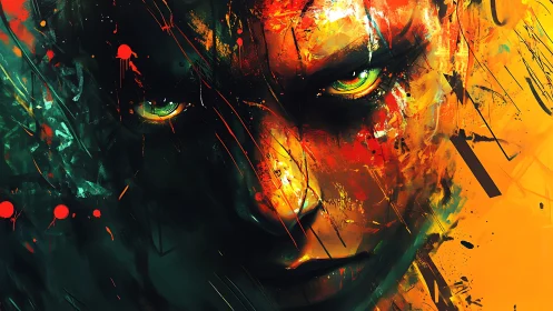 Abstract digital portrait with intense green eyes and splashes.