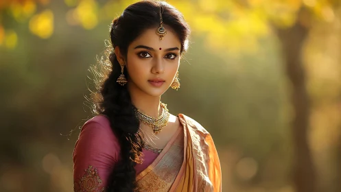 Elegant woman in traditional sari stands in golden bokeh forest