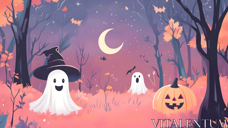 Friendly ghosts share a magical Halloween night in pink woods