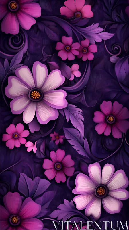 Layered Baroque Floral Composition with Neon Pink Cosmos Against Deep Purple