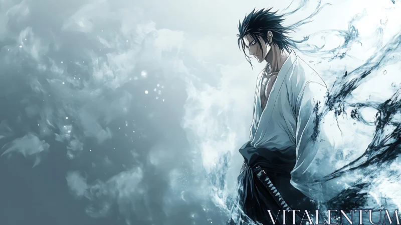 Stoic anime swordsman stands within swirling water and mist