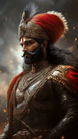 Regal warrior portrait in ornate armor and crimson turban.