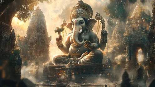Golden temple city crowned by serene elephant deity.