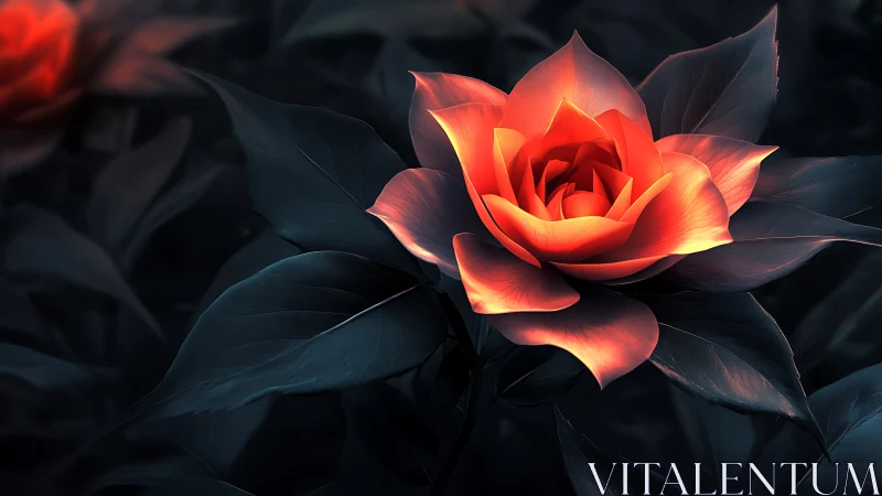 Digital painting of luminous rose against deep teal foliage.