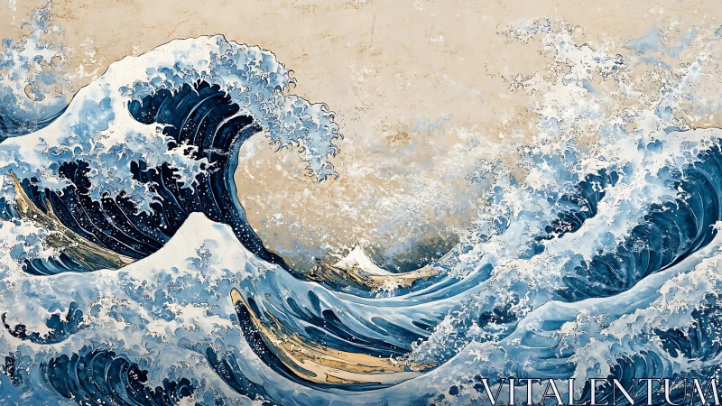 Cresting ocean waves crash in stylized Japanese-inspired seascape.