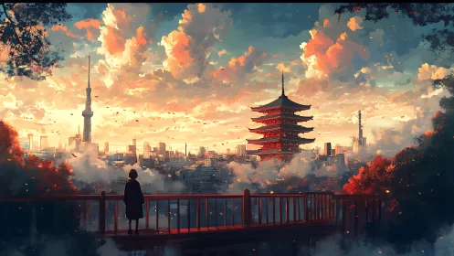 Solitary figure watches a neon city meet serene temple skies