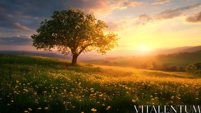 Solitary oak crowns golden meadow under blazing sunset glow.