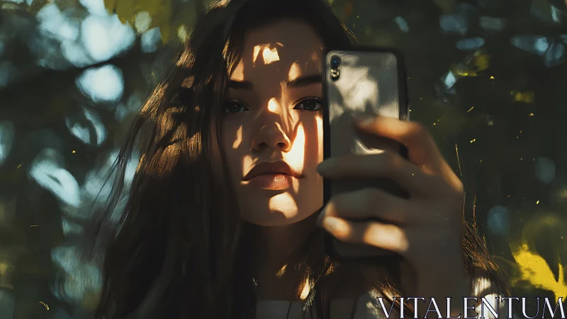 Sunlit digital portrait with smartphone selfie focus.