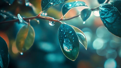 Close-up of rain-soaked green leaves with soft bokeh light.