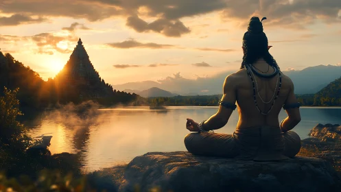 Sunlit lakeside meditation beside a distant temple glow.