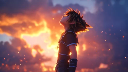 Backlit spiky-haired character studies glowing volumetric sunset clouds