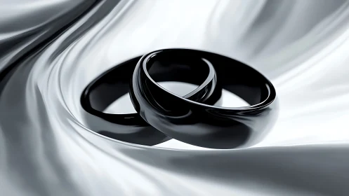 Gleaming black rings resting softly on flowing silver silk.