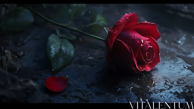 Photorealistic fallen red rose on wet ground in low-key light.