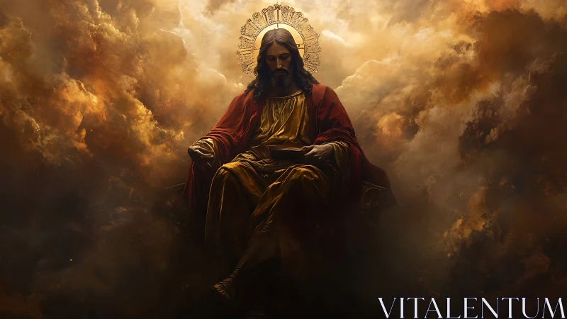 Serene robed figure sits enthroned amid radiant storm clouds