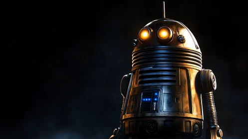 3D metallic service droid with cinematic rim lighting profile.
