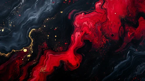 Crimson rivers dance through midnight smoke and flecks of gold