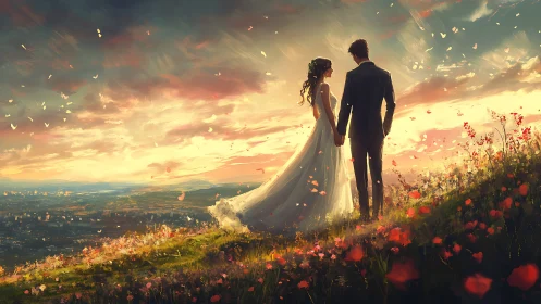 Bride and Groom Stand in Sunlit Meadow with Dramatic Sky