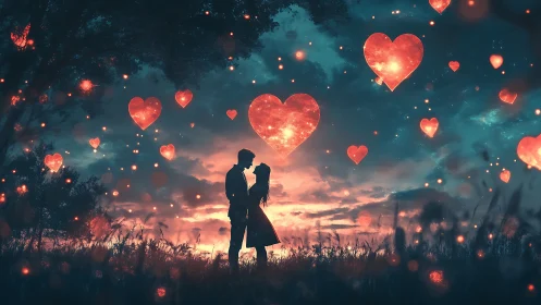 Silhouetted figures beneath luminous floating hearts.