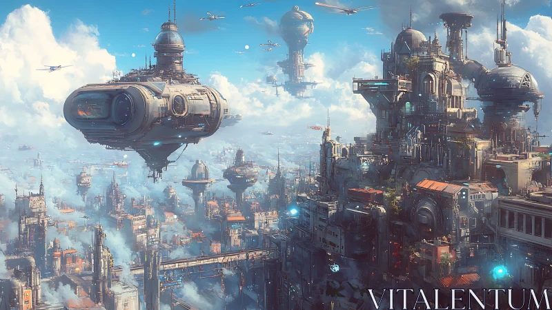 Skyborne megacity drifts among clouds and luminous airways.
