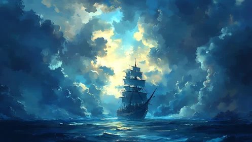 Sailing ship moves through illuminated storm cloud corridor