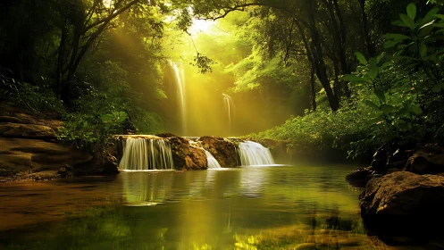 Waterfall cascades through dense forest under directional sunlight