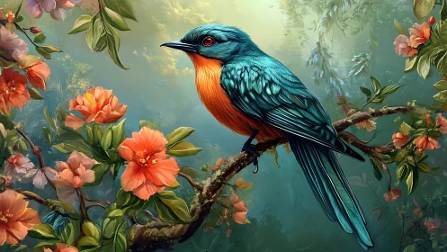 Vibrant blue and orange bird on floral branch, digital painting style.