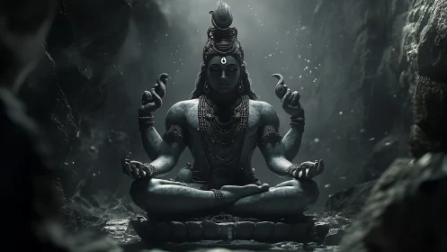 Meditative multi-armed deity statue in shadowed stone cavern.
