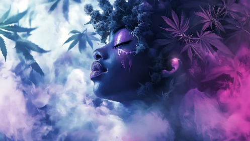 Neon-lit female profile merges with cannabis foliage and vapor