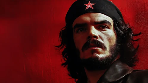 Portrait shows bearded man in beret against red backdrop