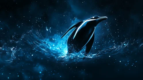 Neon penguin erupts from electric cyan cosmic water field.