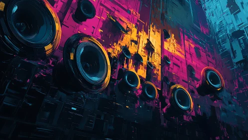 Neon sound engines tunnel through a glitchy city wallscape