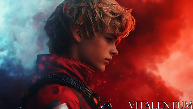 Profile of youth in red suit amid blue and red clouds.