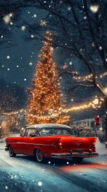 Classic red coupe under glowing winter holiday lights at night.