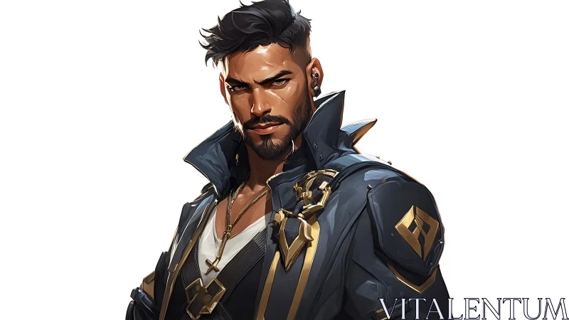 Futuristic rogue commander in navy armor with gold trim.