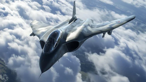 Cold War delta-wing bomber slicing through sunlit clouds.