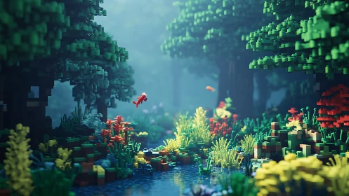 Underwater pixelated landscape with voxel terrain and coral structures