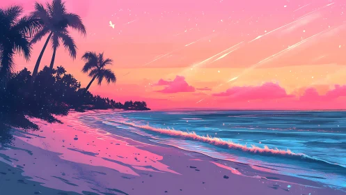 Digital shoreline scene depicts tropical coast at sunset