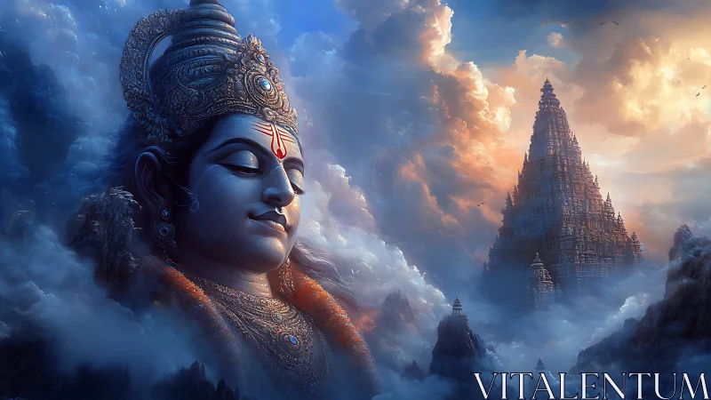 Divine stone figure in clouds near distant temple spire.