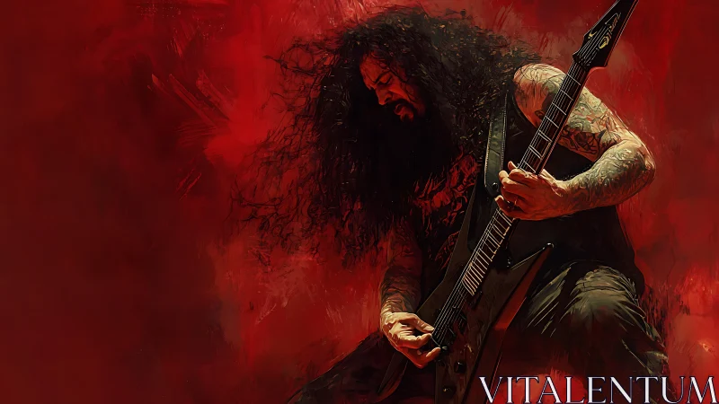 Metal guitarist in red haze with dynamic digital brushwork.