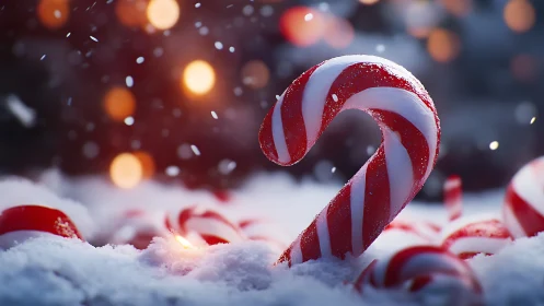Candy cane in snowy bokeh holiday night scene.