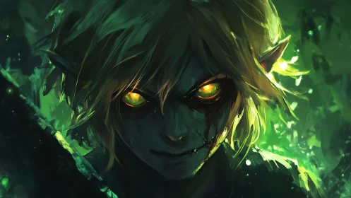 Emerald-eyed forest fiend grins through luminous shadowstorm.