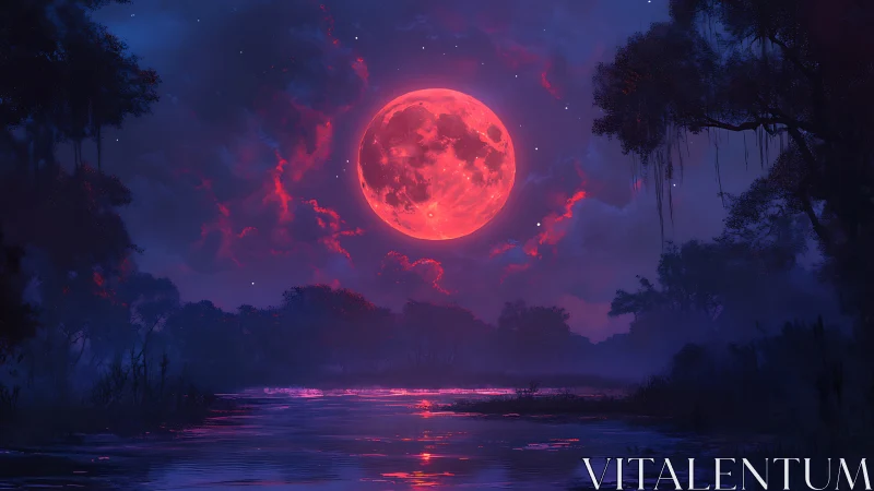 Crimson moonrise drenching a silent river in dreamfire glow.