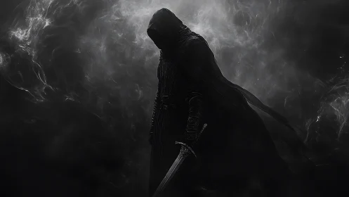 Digital painting of a hooded dark knight in swirling smoke.