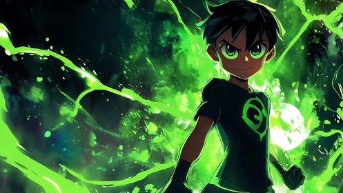 Stylized boy in black outfit amid vivid green energy field.
