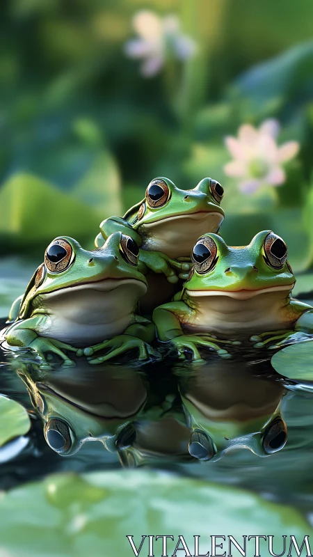 Three vibrant tree frogs rest together on a tranquil pond